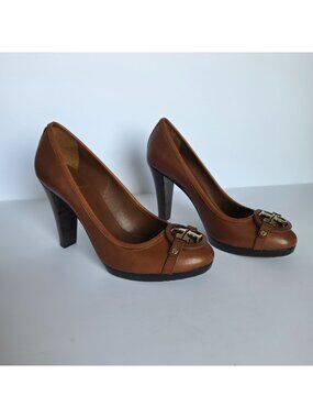 Tory Burch Brown Leather Logo Medallion Round Toe High Heel Pumps Old Money 10M